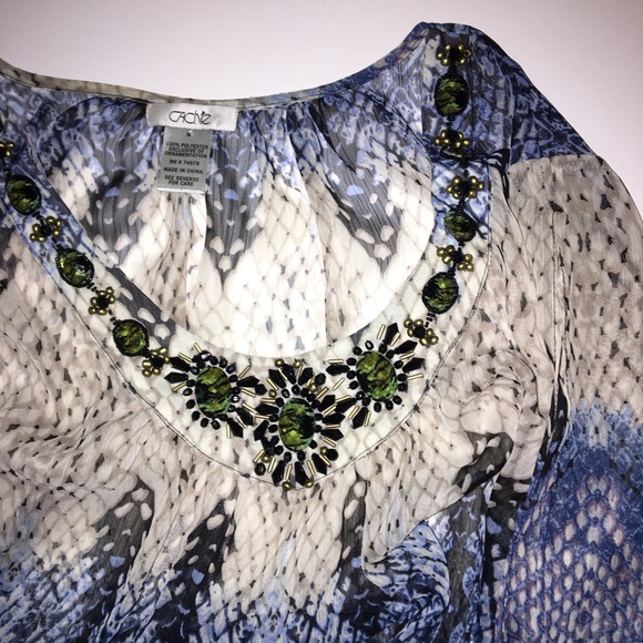 Caché Jeweled Blue Peplum Blouse, Medium - Picture 7 of 11